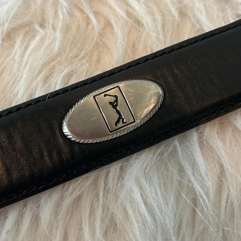 Black leather belt with silver tone golfer/golf conchos and metal tip est men XL